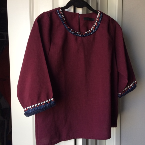 ⭐️Wine Red Boxy Top with Braided Tweed Fringe Trim - Picture 5 of 8